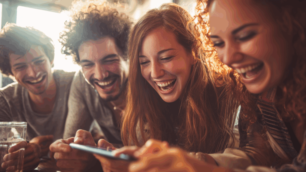 groupe d’amis jouant à des mini‑jeux sur tablette avec joie