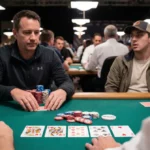 Bad beat au poker : comprendre la variance et mieux réagir 1 Photo réaliste d’une table de poker en tournoi montrant un bad beat, illustrant la variance et les décisions EV+ au poker.