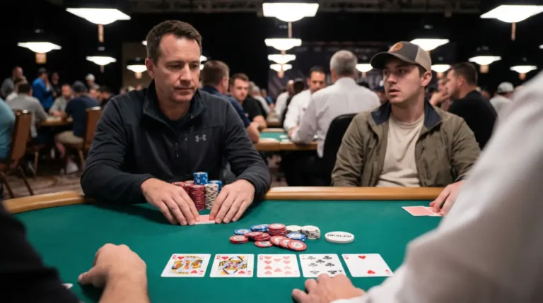 Accueil 9 Photo réaliste d’une table de poker en tournoi montrant un bad beat, illustrant la variance et les décisions EV+ au poker.