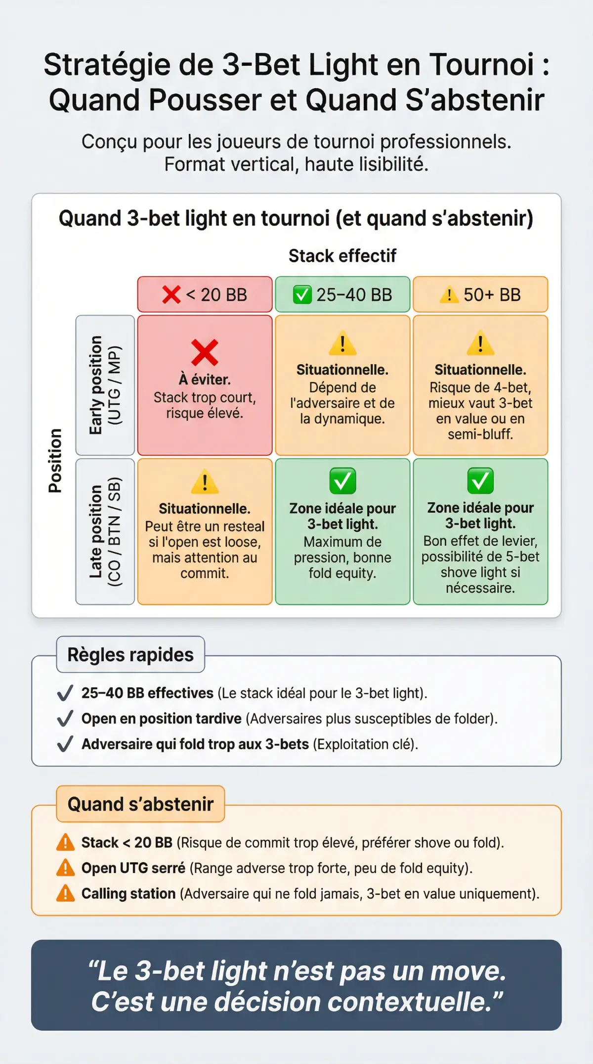 3-bet light en tournoi : quand, comment et contre qui l’utiliser 2 infographie 3-bet light en tournoi au poker